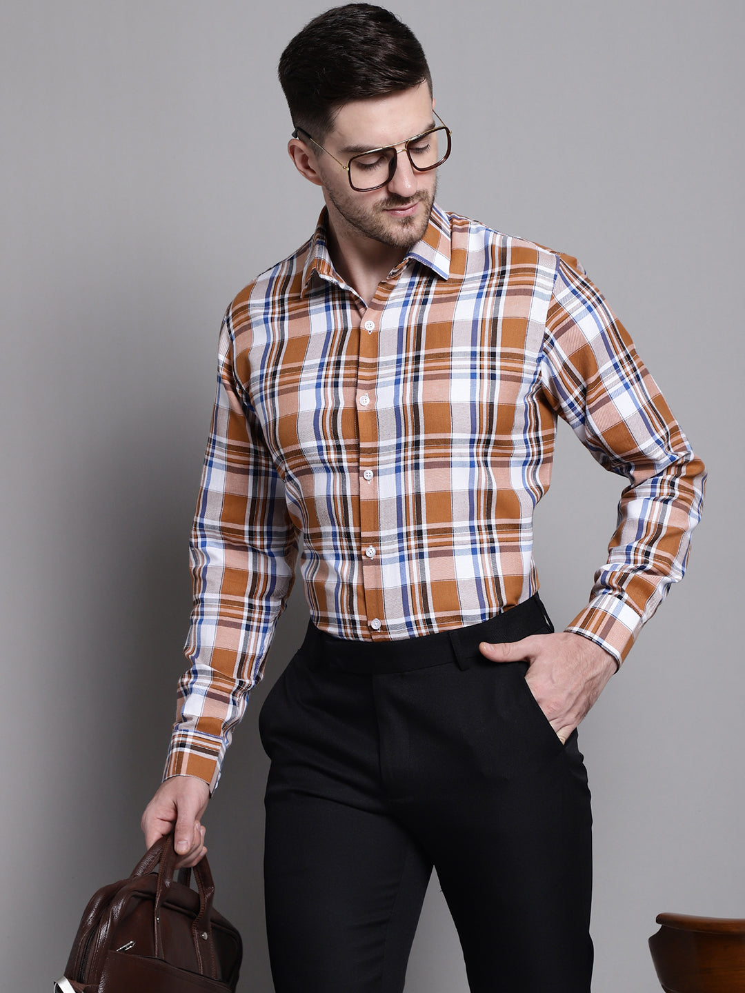 Jainish Men's Classic Checks Formal Shirt - Orange - Distacart