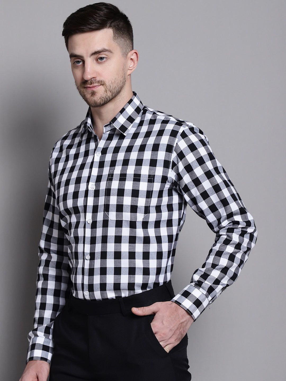 Jainish Men's Buffalo Check Formal Shirt - Black - Distacart