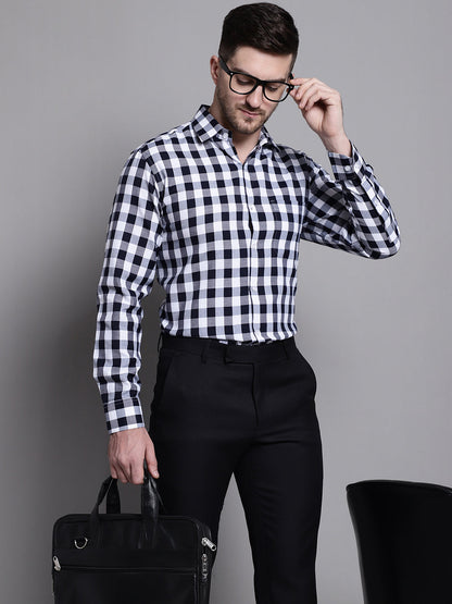 Jainish Men's Buffalo Check Formal Shirt - Navy Blue - Distacart