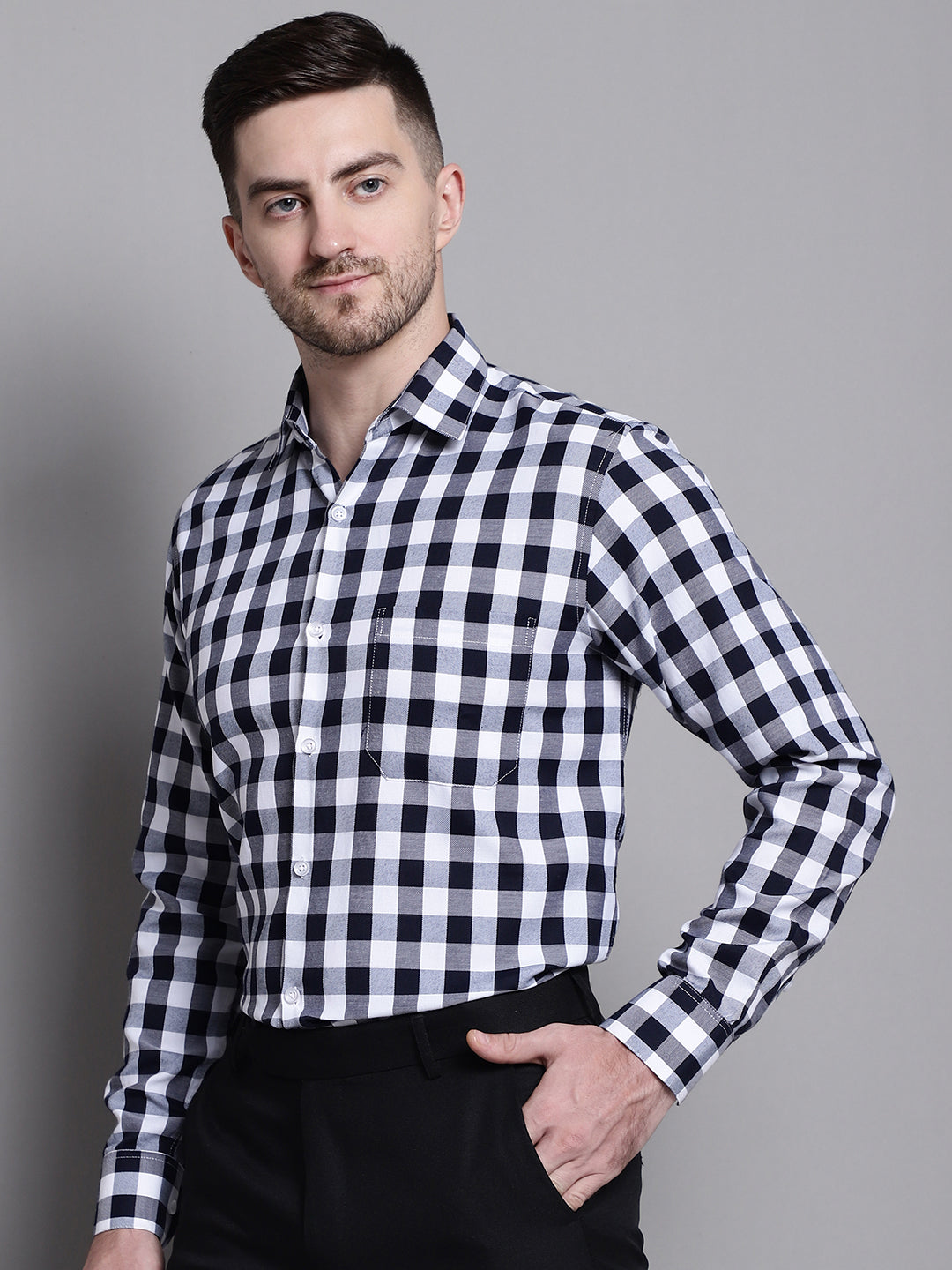 Jainish Men's Buffalo Check Formal Shirt - Navy Blue - Distacart