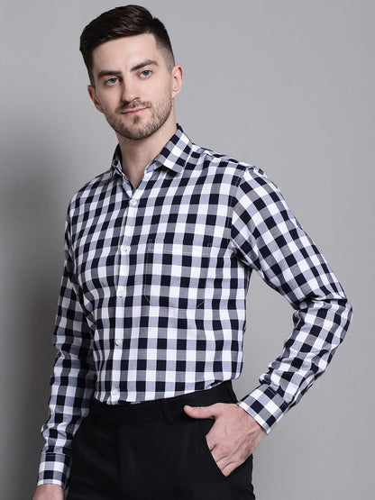 Jainish Men's Buffalo Check Formal Shirt - Navy Blue - Distacart