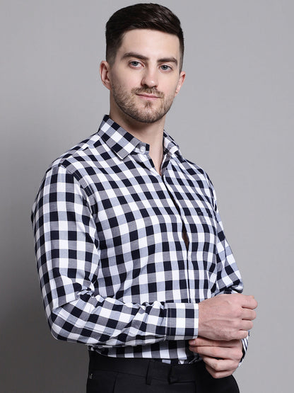 Jainish Men's Buffalo Check Formal Shirt - Navy Blue - Distacart