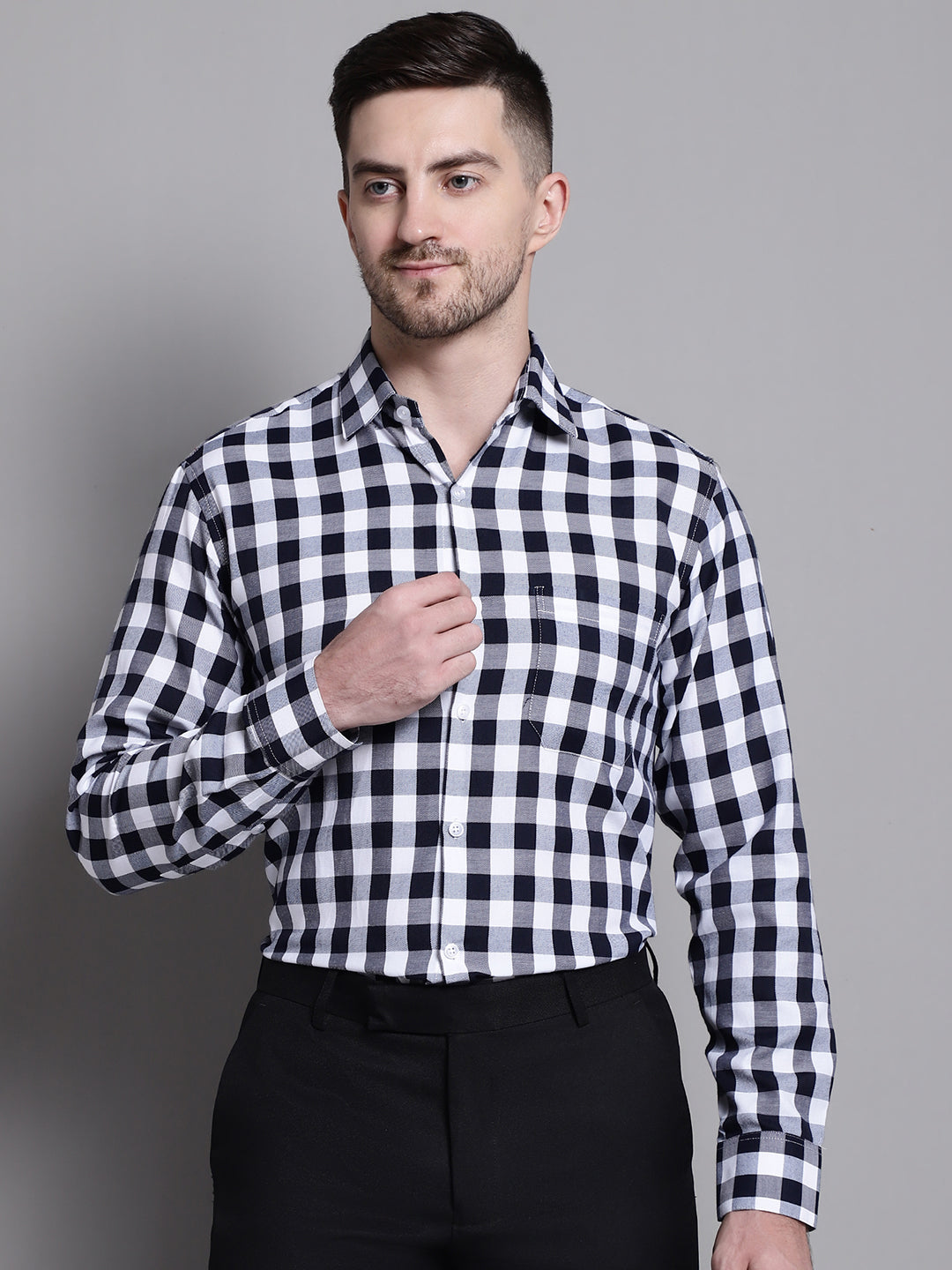 Jainish Men's Buffalo Check Formal Shirt - Navy Blue - Distacart