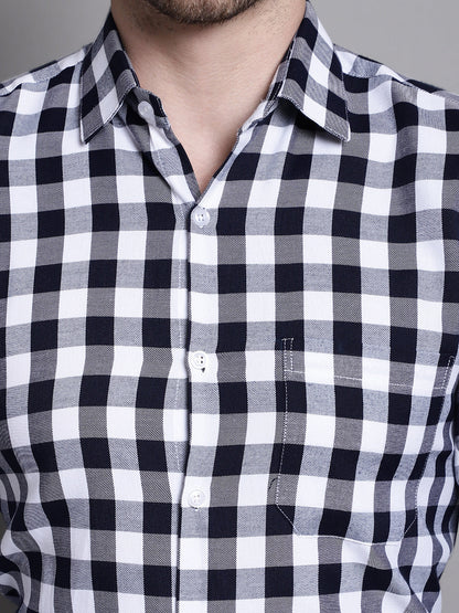 Jainish Men's Buffalo Check Formal Shirt - Navy Blue - Distacart