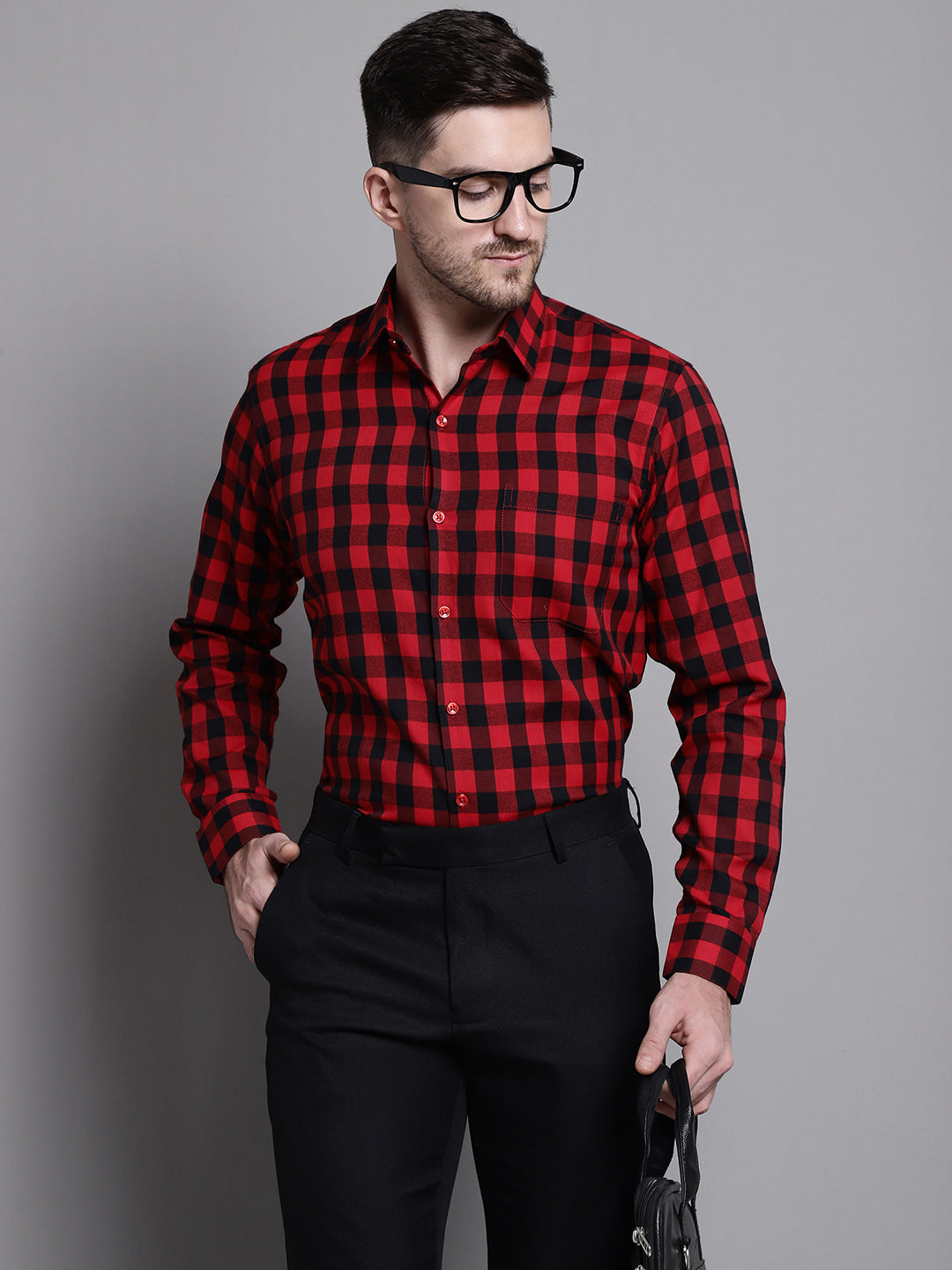 Jainish Men's Buffalo Check Formal Shirt - Red - Distacart