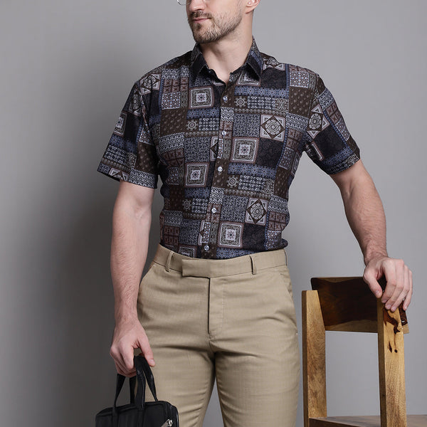 Jainish Men's Printed Formal Shirt - Coffee - Distacart