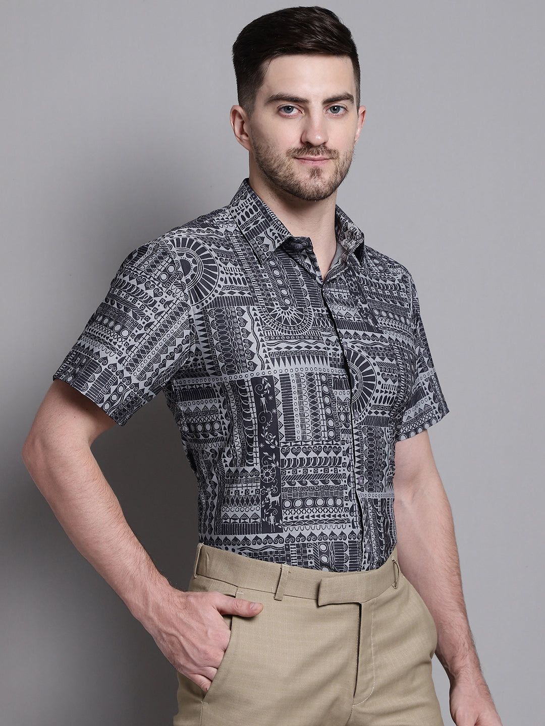Jainish Men's Printed Formal Shirt - Grey - Distacart