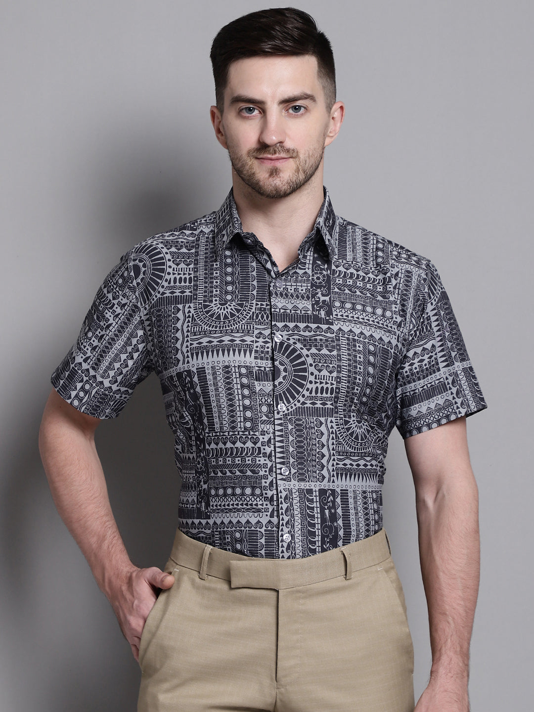 Jainish Men's Printed Formal Shirt - Grey - Distacart