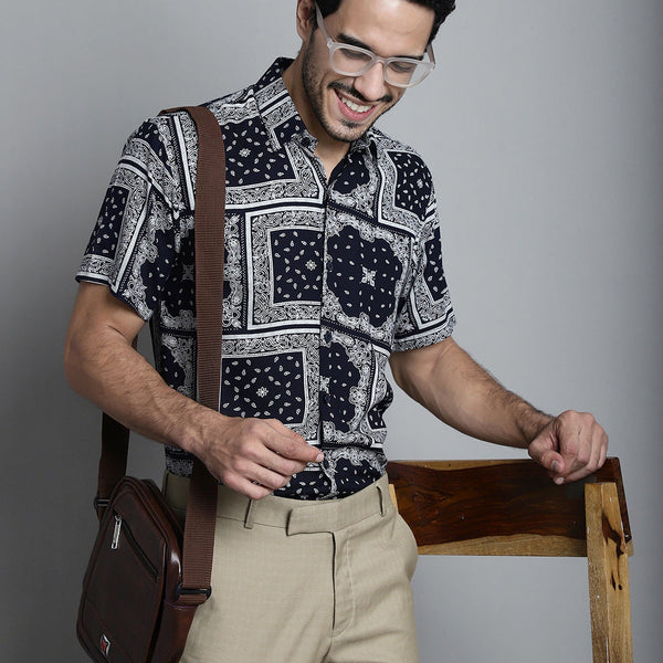 Jainish Men's Paisley Printed Formal Shirts - Navy Blue - Distacart