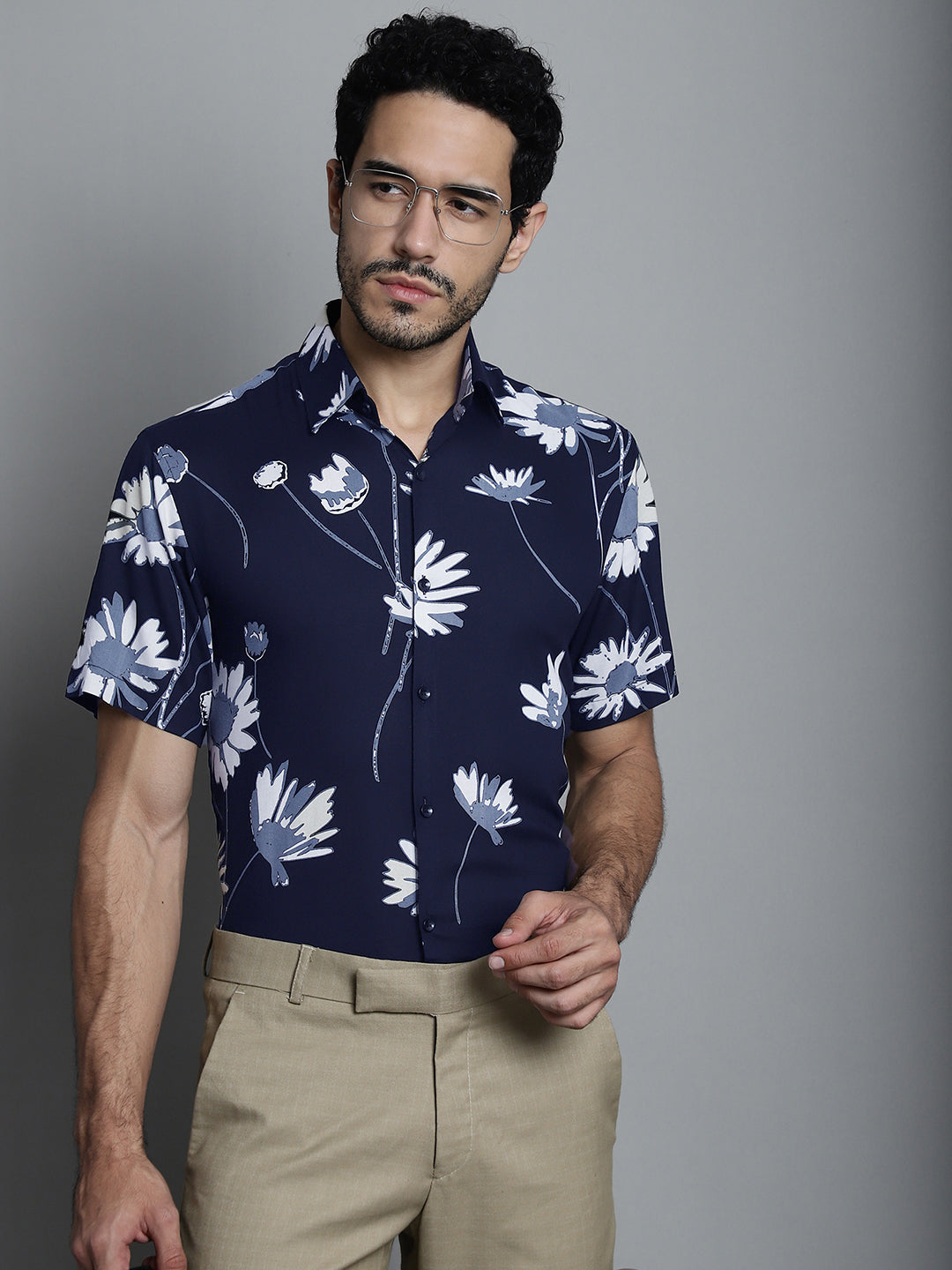 Jainish Men's Floral Printed Formal Shirts - Navy Blue - Distacart