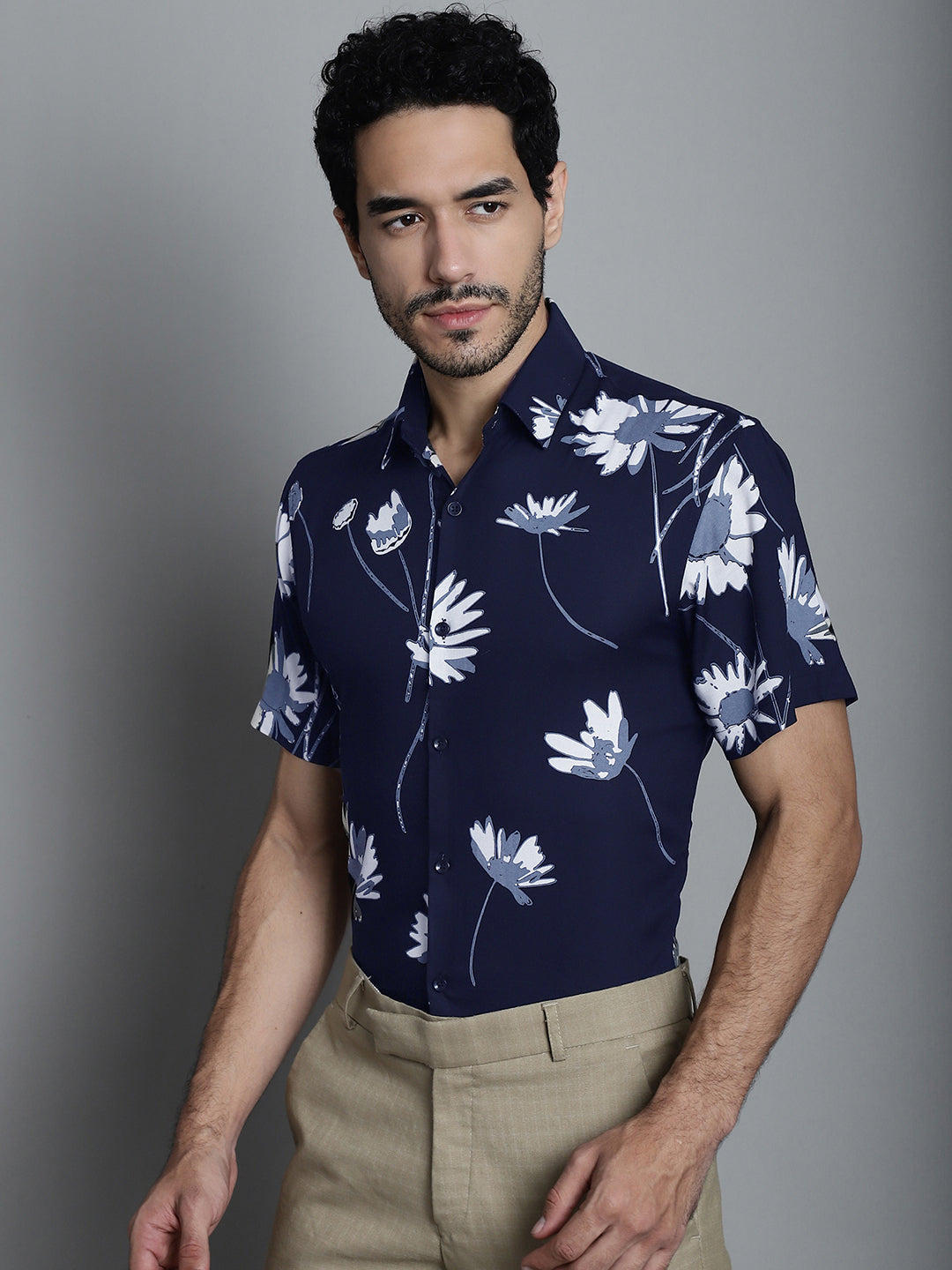 Jainish Men's Floral Printed Formal Shirts - Navy Blue - Distacart
