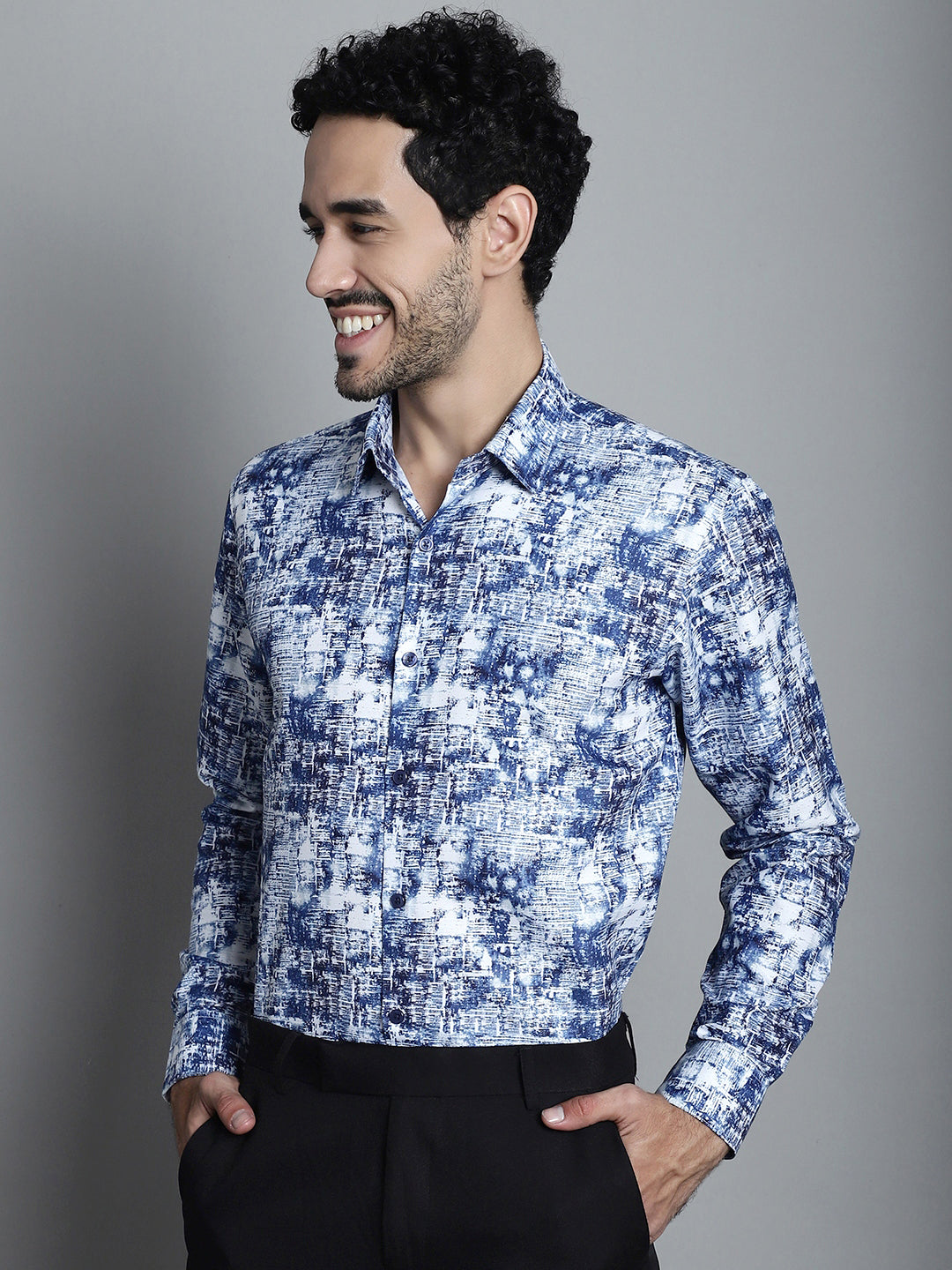 Jainish Men's Geomatric Printed Formal Shirts - Blue - Distacart