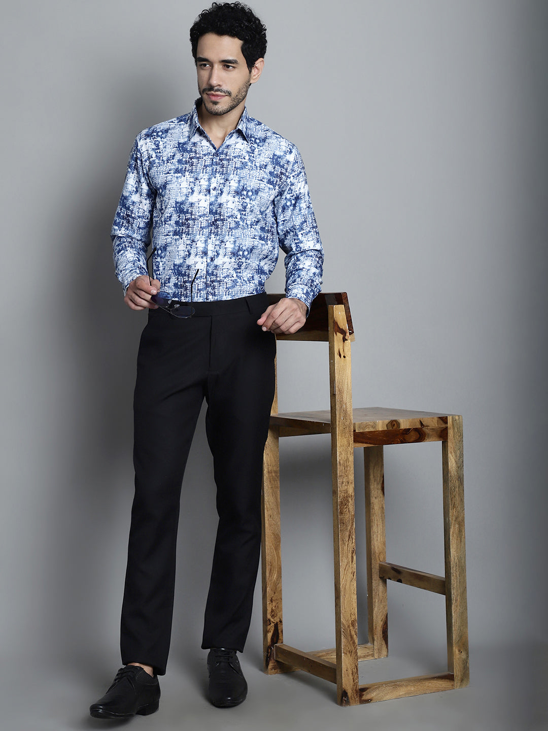 Jainish Men's Geomatric Printed Formal Shirts - Blue - Distacart