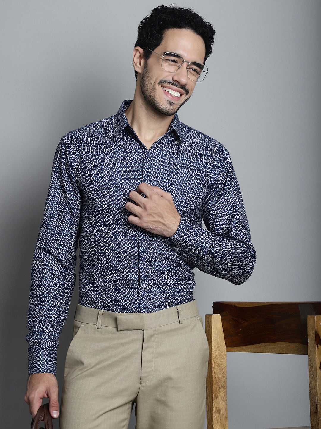 Jainish Men's Geomatric Printed Formal Shirts - Navy Blue - Distacart