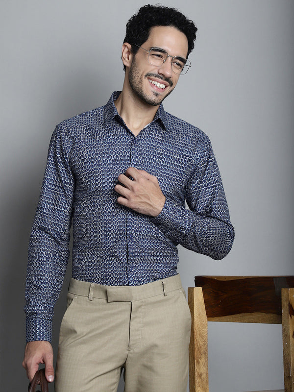 Jainish Men's Geomatric Printed Formal Shirts - Navy Blue - Distacart