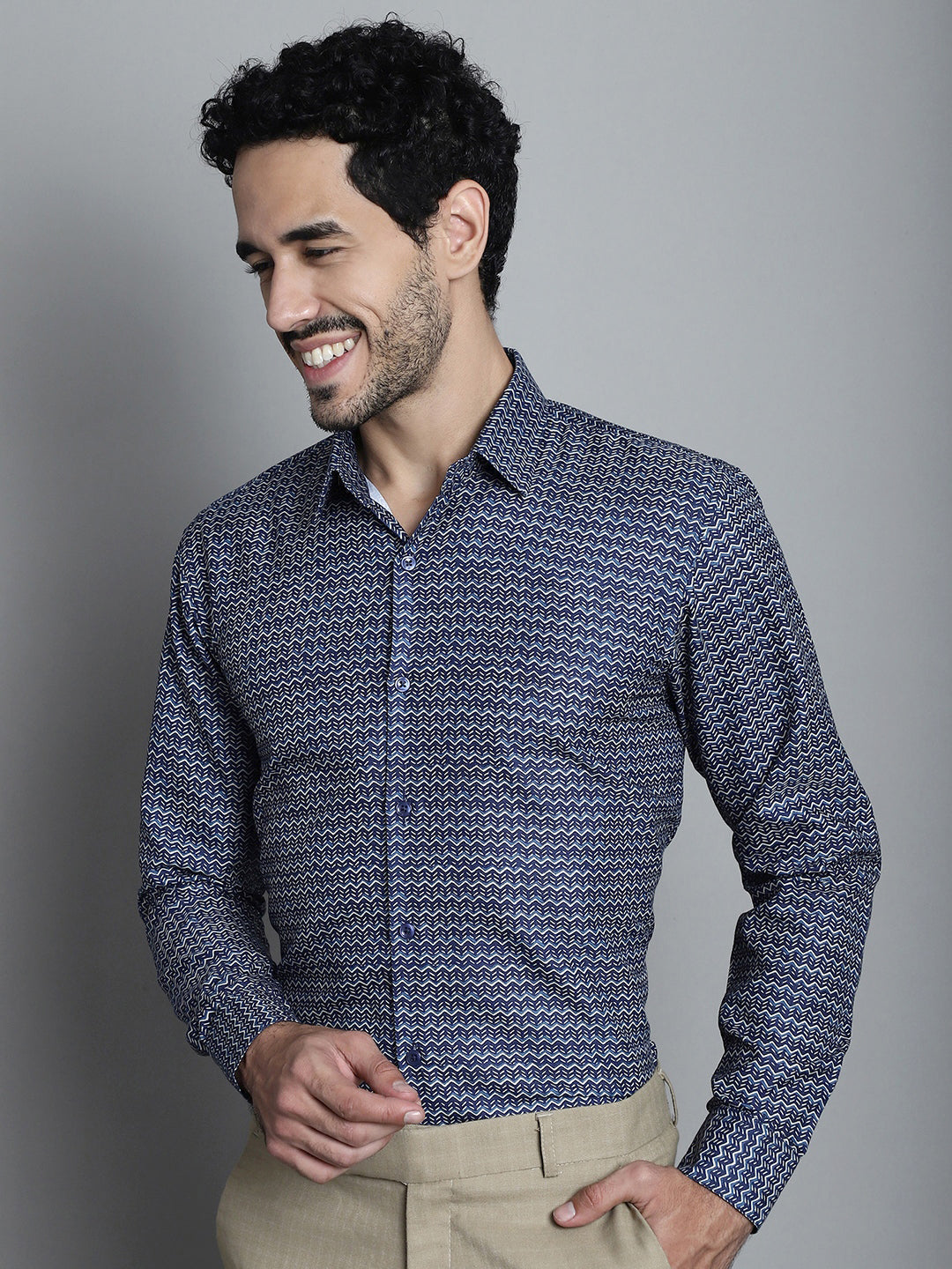 Jainish Men's Geomatric Printed Formal Shirts - Navy Blue - Distacart