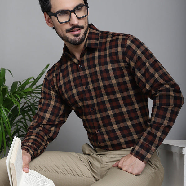 Indian Needle Men's Checked Formal Shirt - Brown - Distacart