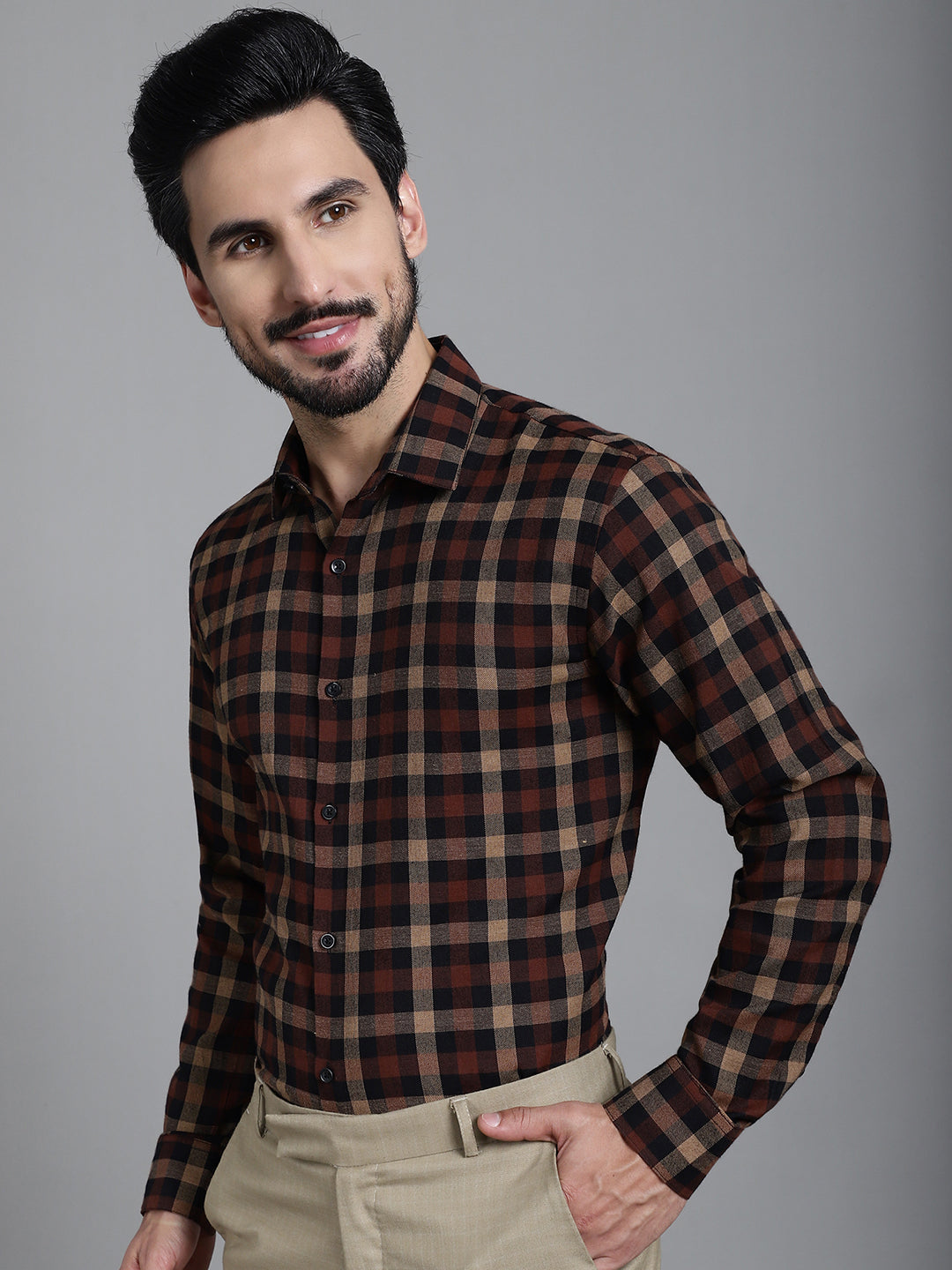 Indian Needle Men's Checked Formal Shirt - Brown - Distacart