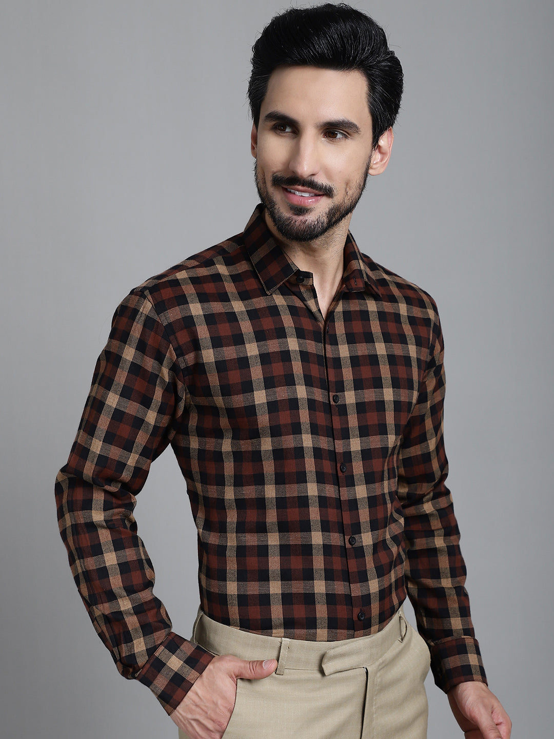 Indian Needle Men's Checked Formal Shirt - Brown - Distacart