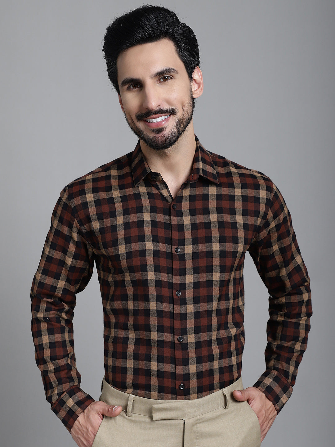 Indian Needle Men's Checked Formal Shirt - Brown - Distacart