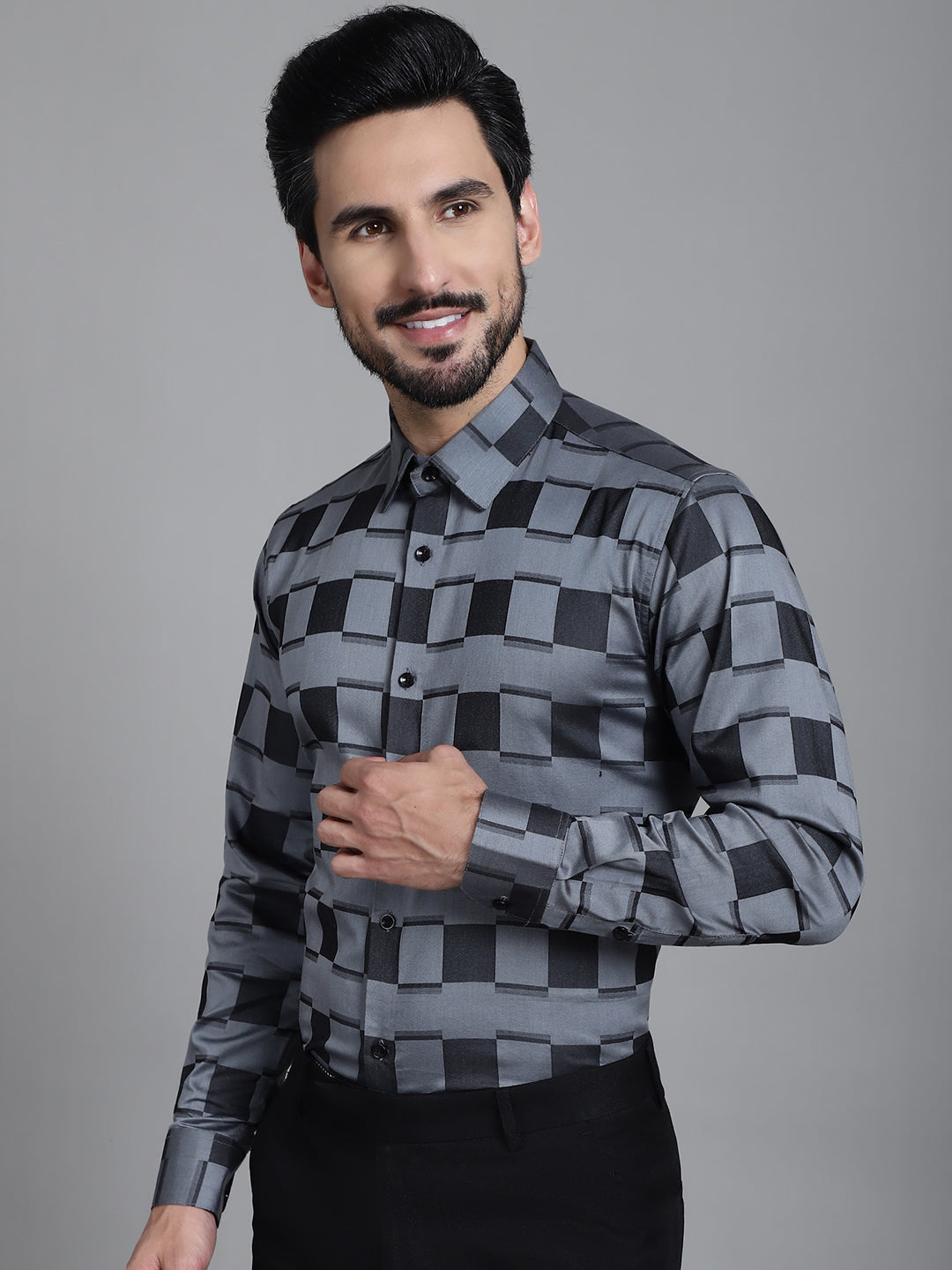 Indian Needle Men's Printed Formal Shirt - Grey - Distacart
