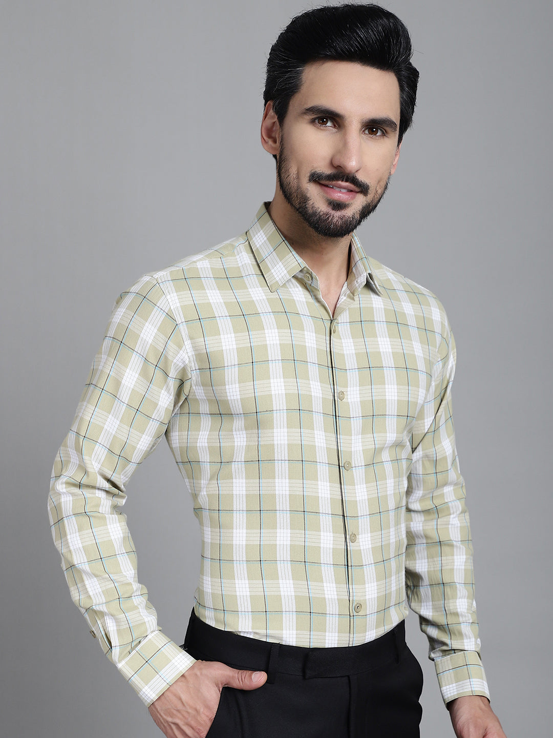 Indian Needle Men's Checked Formal Shirt - Beige - Distacart