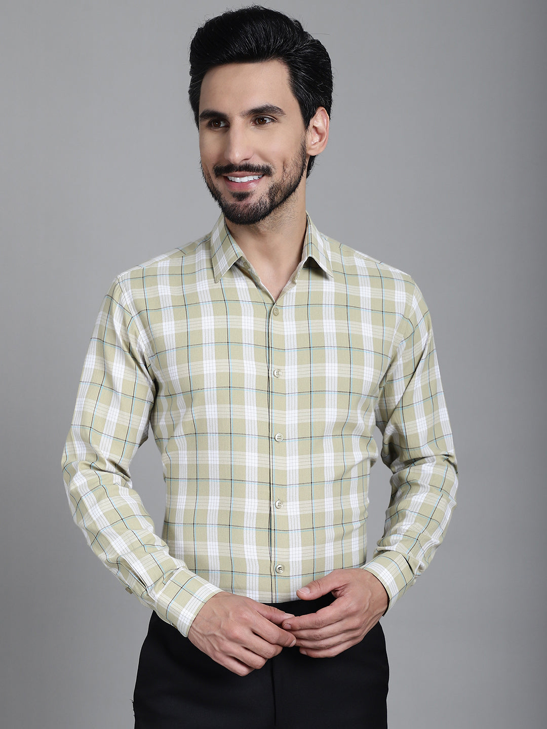 Indian Needle Men's Checked Formal Shirt - Beige - Distacart