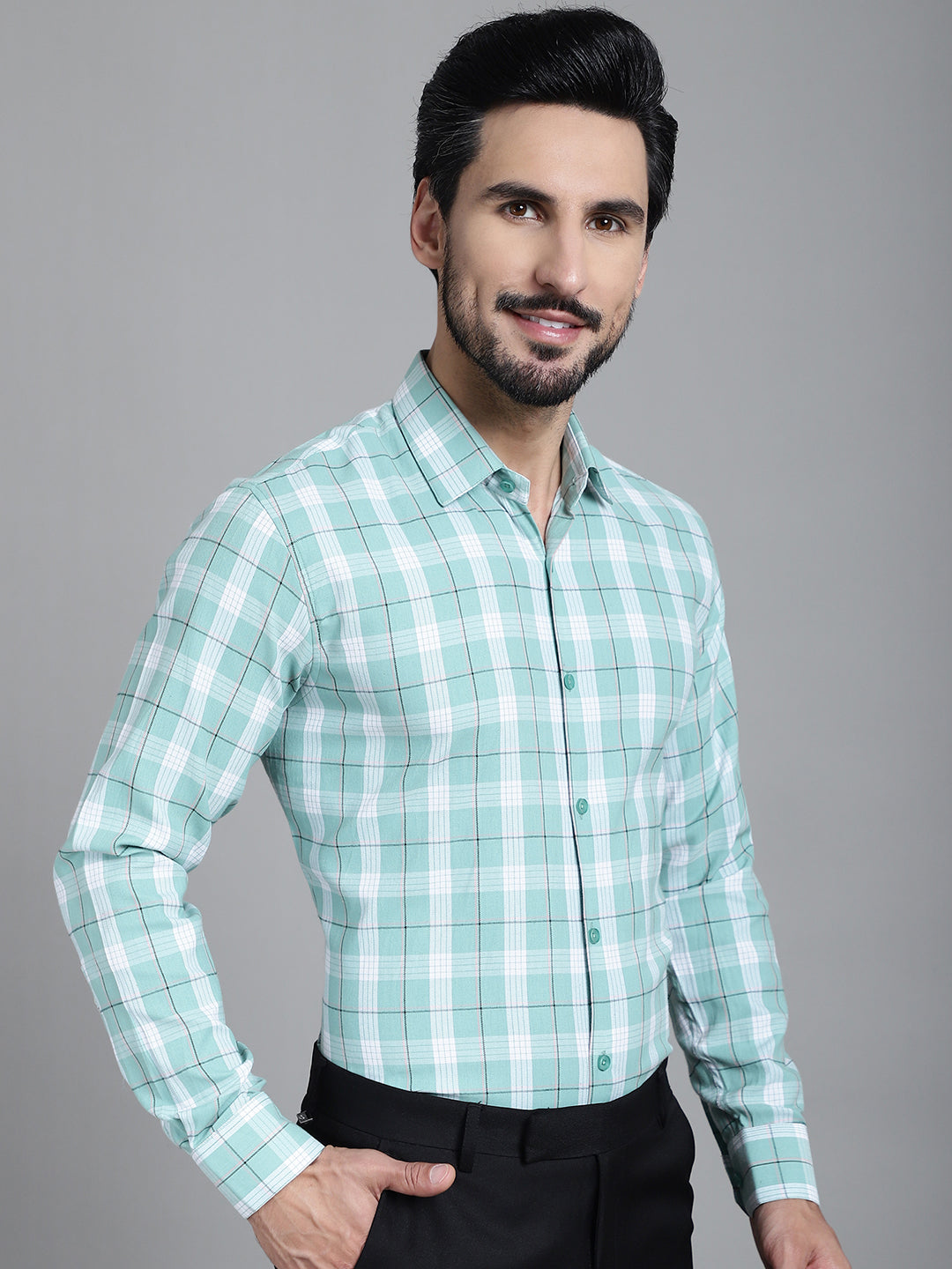 Indian Needle Men's Checked Formal Shirt - Green - Distacart