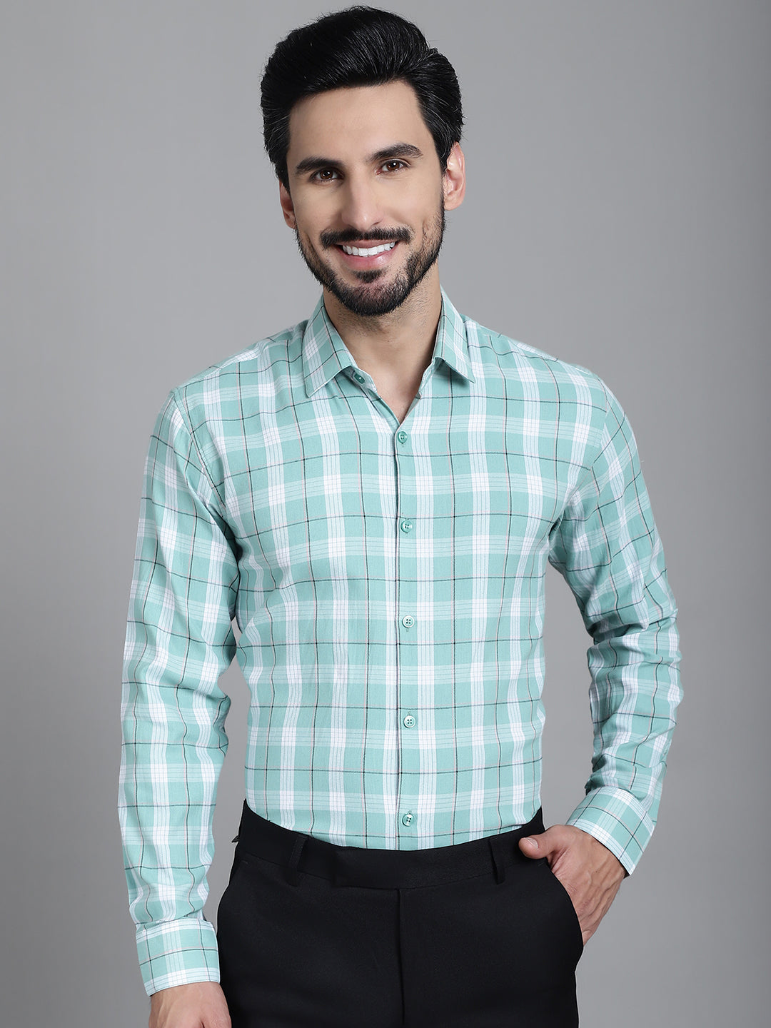 Indian Needle Men's Checked Formal Shirt - Green - Distacart