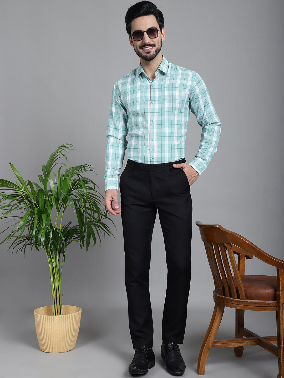 Indian Needle Men's Checked Formal Shirt - Green - Distacart