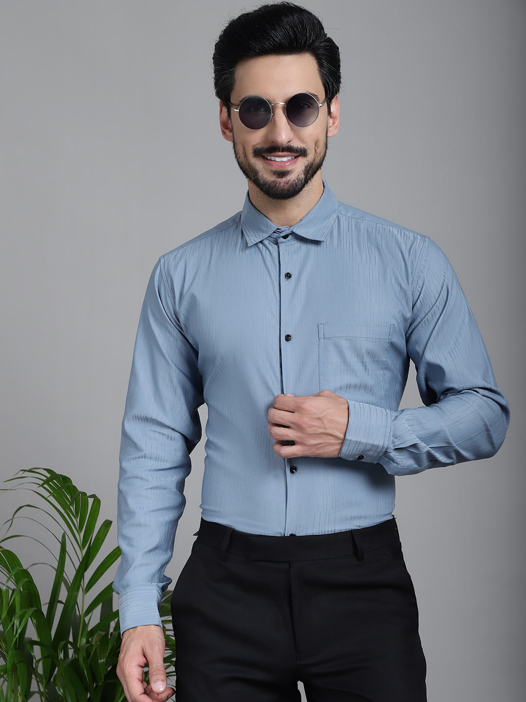 Indian Needle Men's Woven Design Formal Shirt - Grey - Distacart