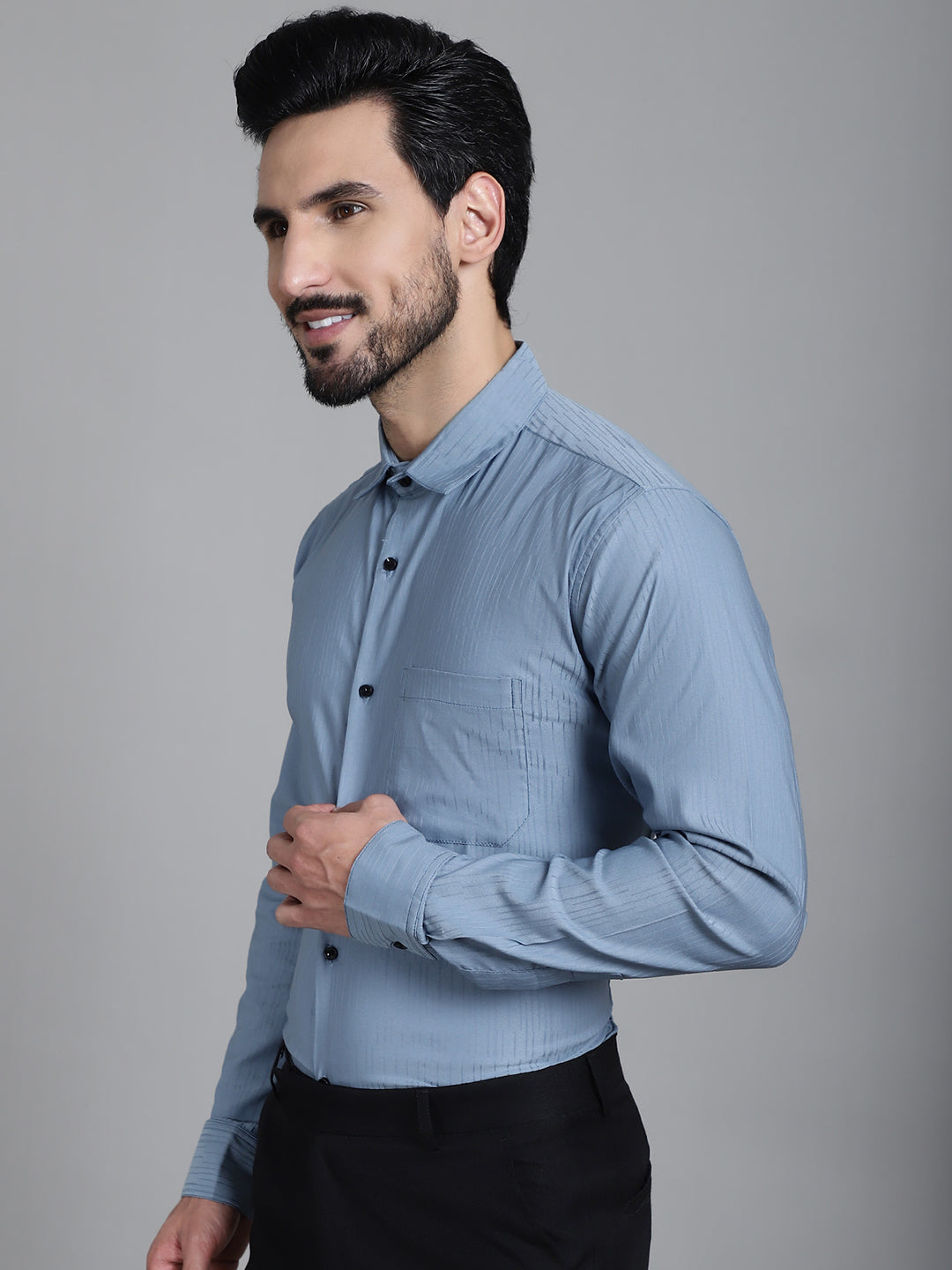 Indian Needle Men's Woven Design Formal Shirt - Grey - Distacart
