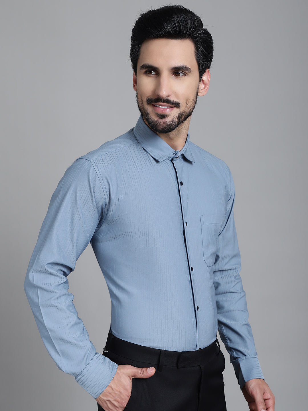 Indian Needle Men's Woven Design Formal Shirt - Grey - Distacart