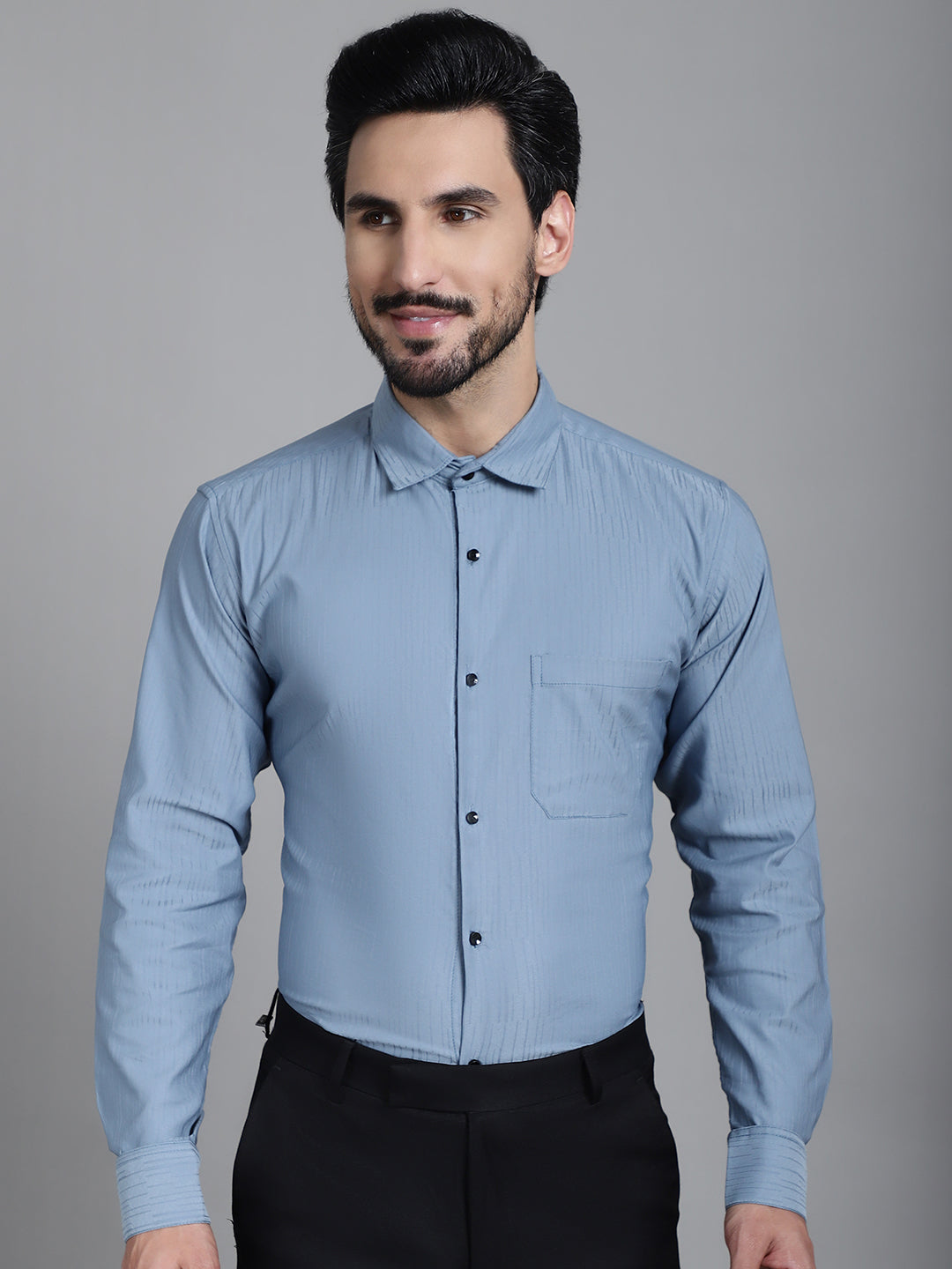 Indian Needle Men's Woven Design Formal Shirt - Grey - Distacart