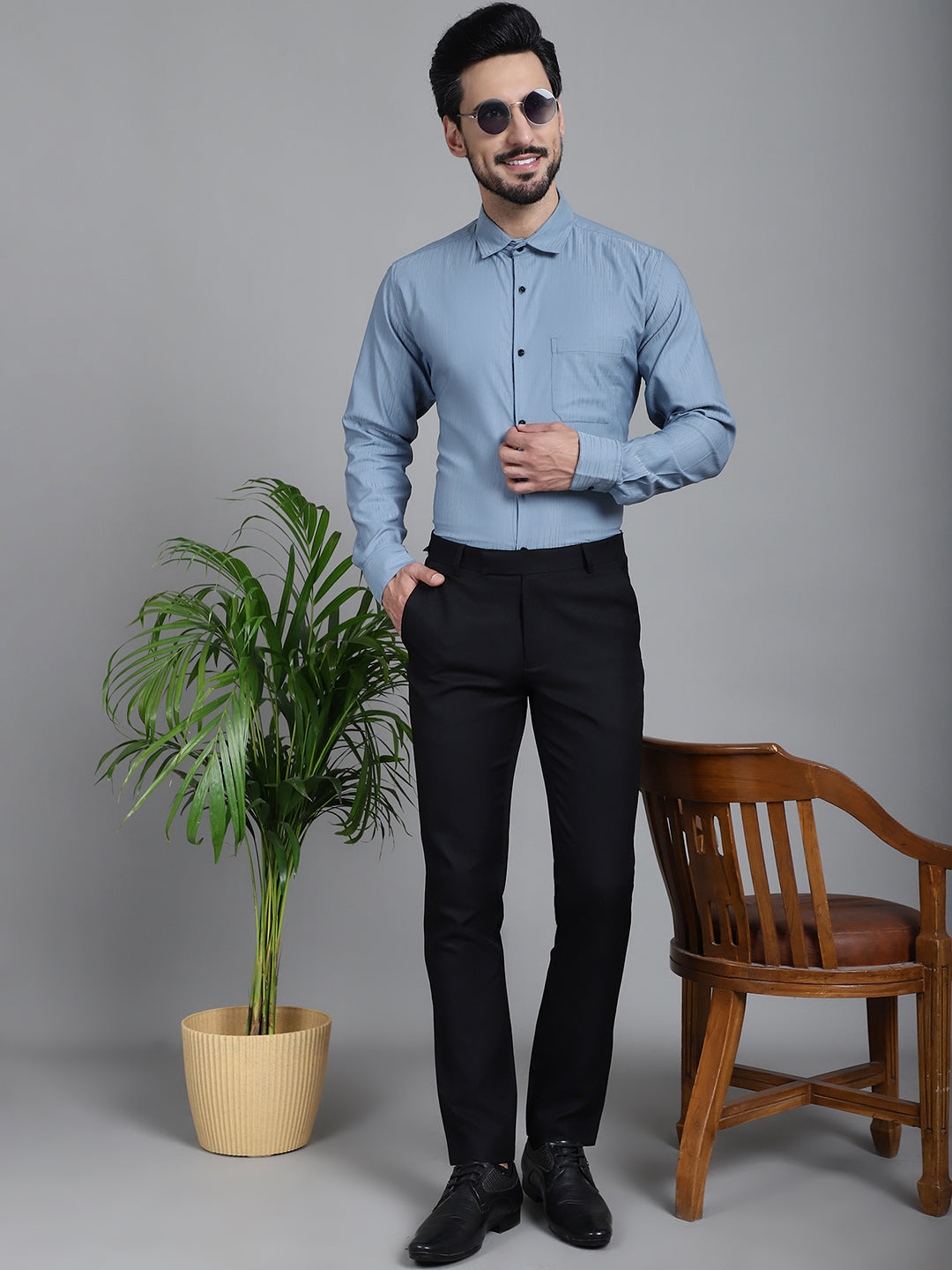 Indian Needle Men's Woven Design Formal Shirt - Grey - Distacart