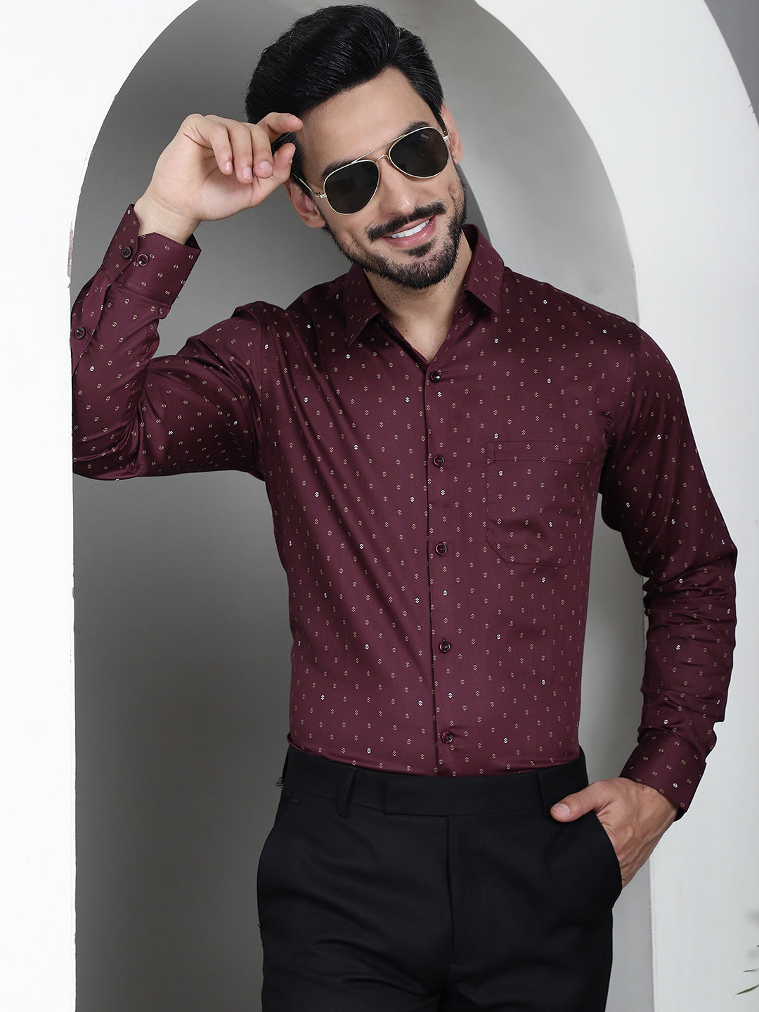Indian Needle Men's Printed Formal Shirt - Maroon - Distacart