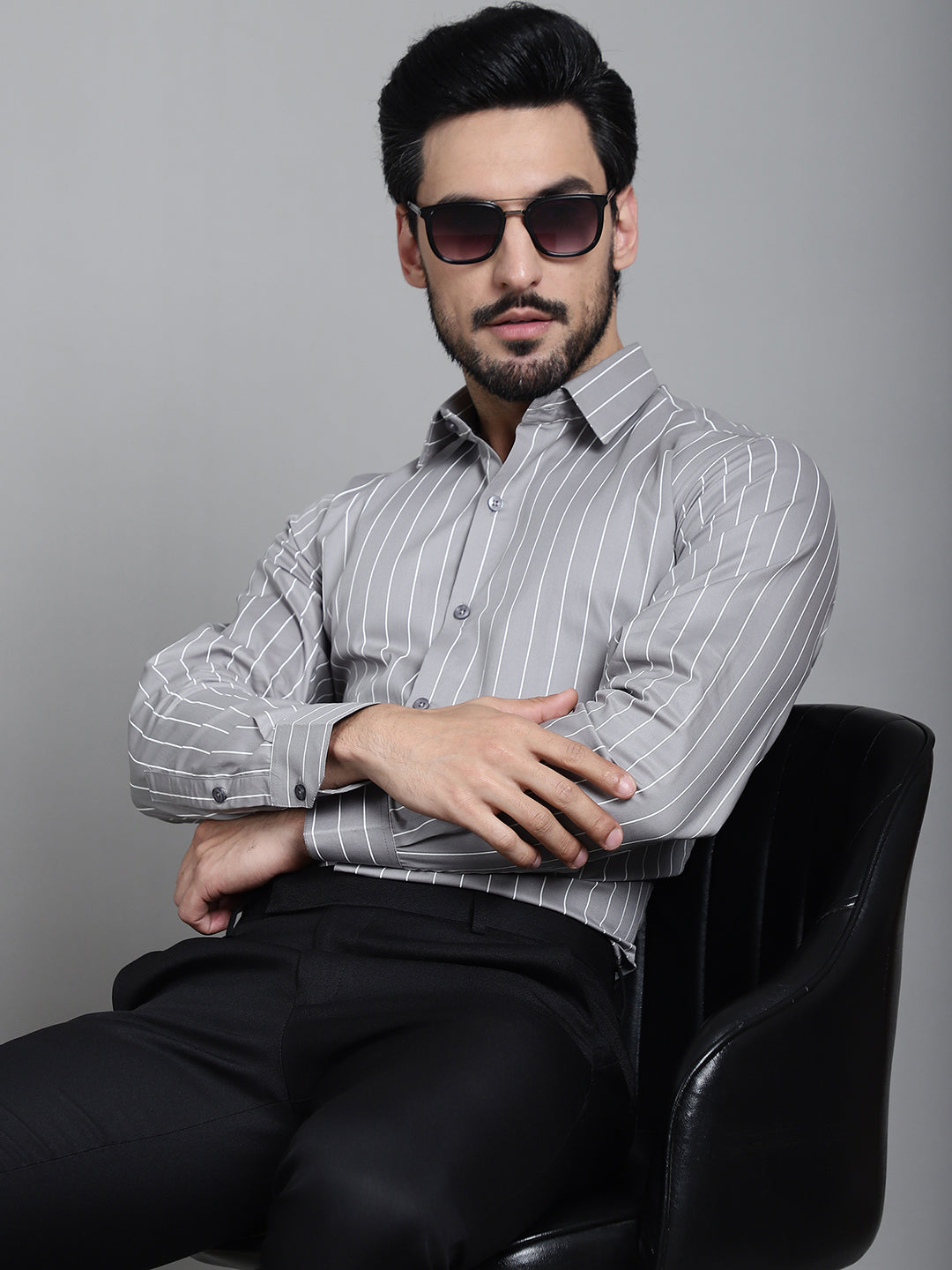 Indian Needle Men's Striped Formal Shirt - Grey - Distacart