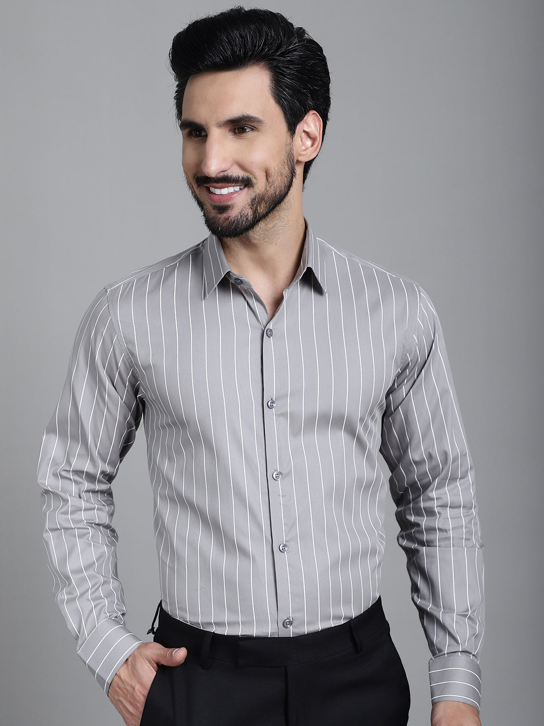 Indian Needle Men's Striped Formal Shirt - Grey - Distacart