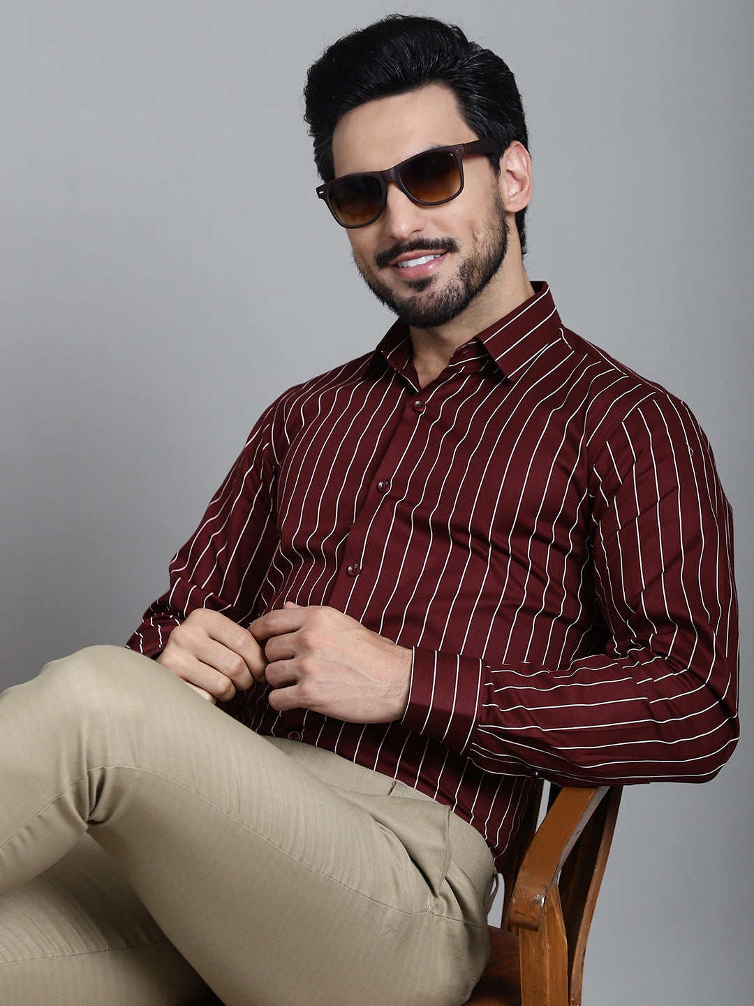 Indian Needle Men's Striped Formal Shirt - Maroon - Distacart