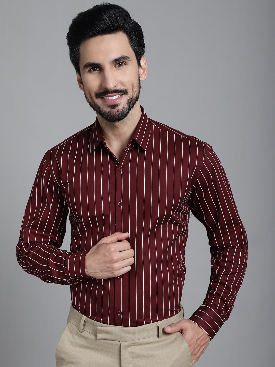Indian Needle Men's Striped Formal Shirt - Maroon - Distacart