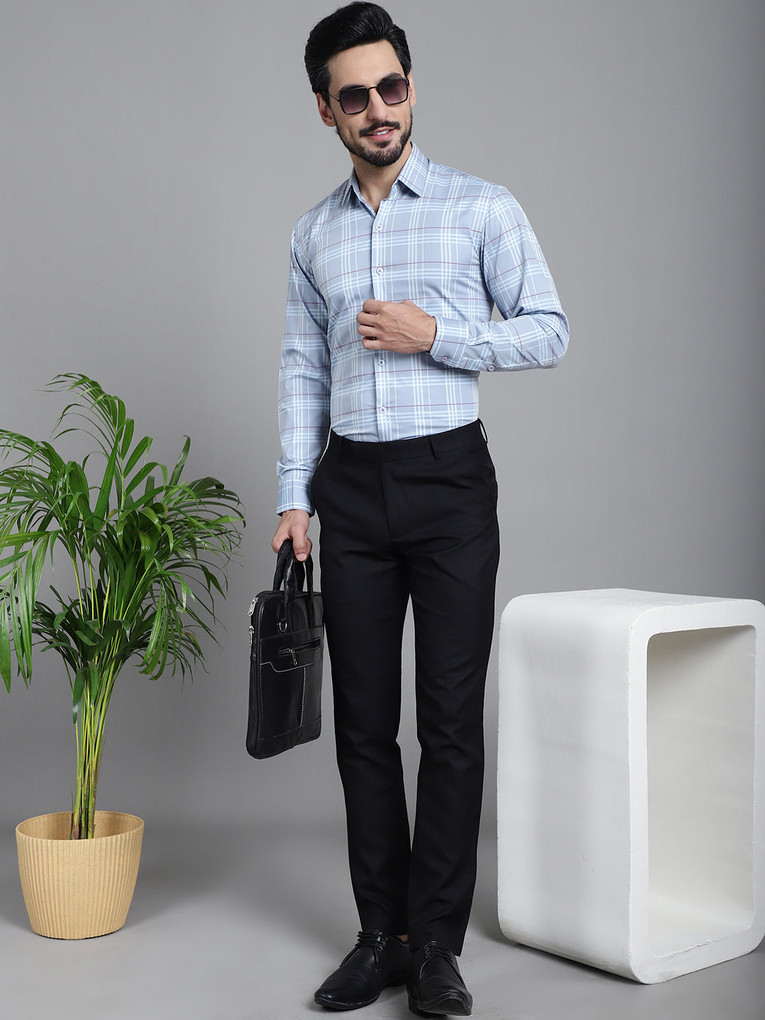 Indian Needle Men's Checked Formal Shirt - Blue - Distacart