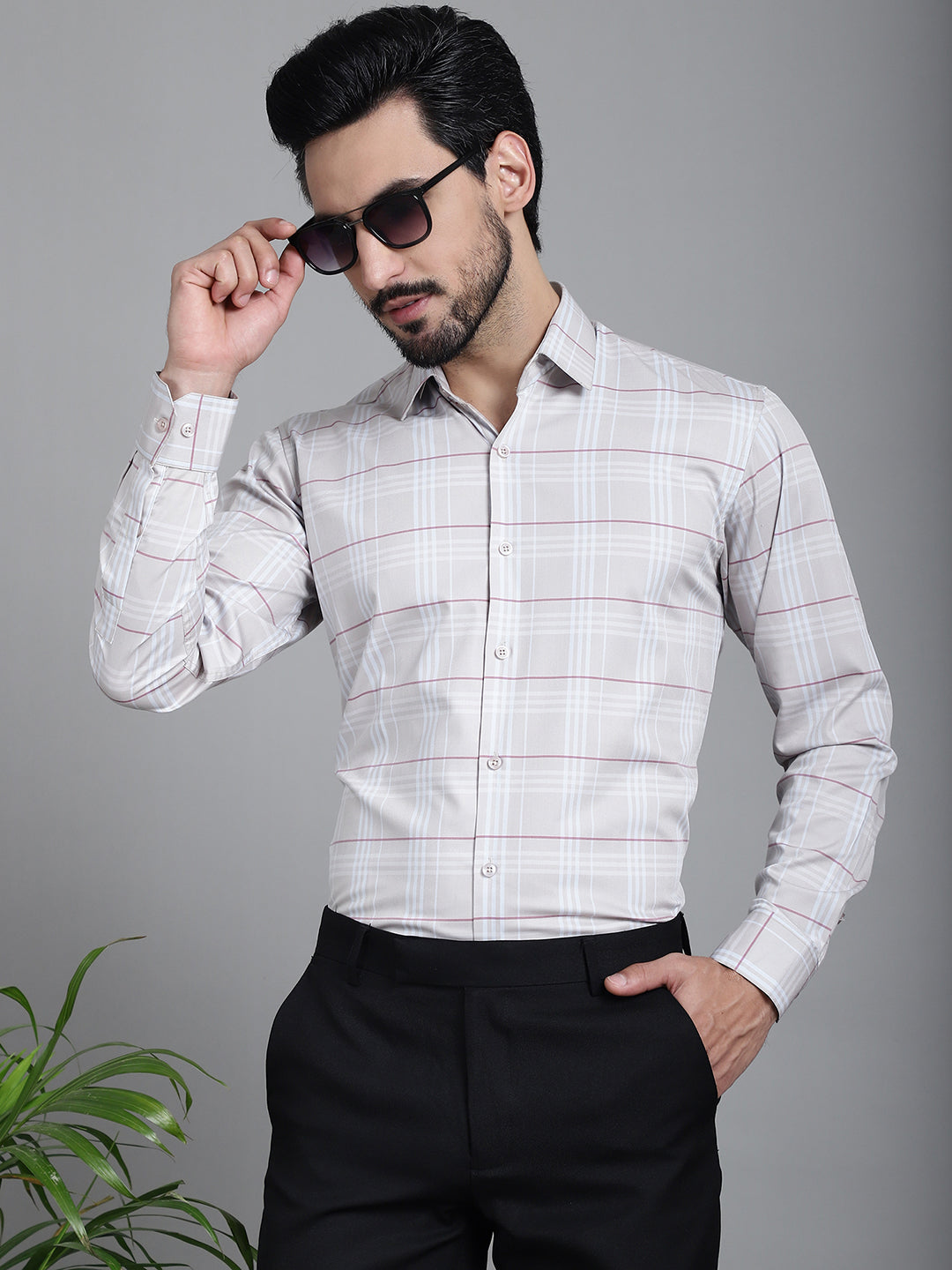 Indian Needle Men's Checked Formal Shirt - Cream - Distacart
