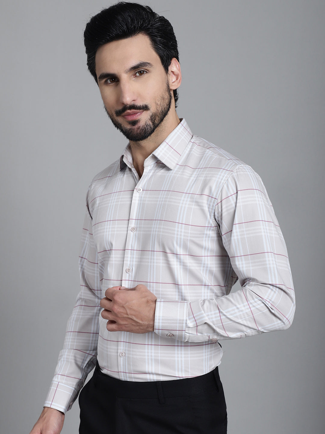 Indian Needle Men's Checked Formal Shirt - Cream - Distacart