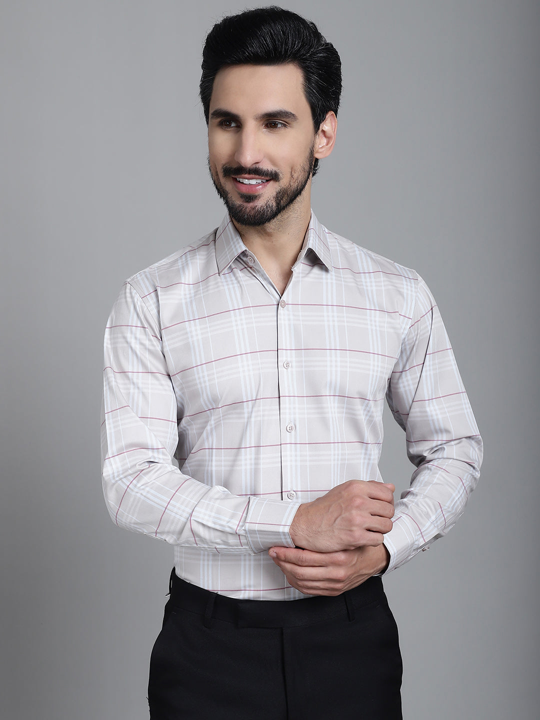 Indian Needle Men's Checked Formal Shirt - Cream - Distacart