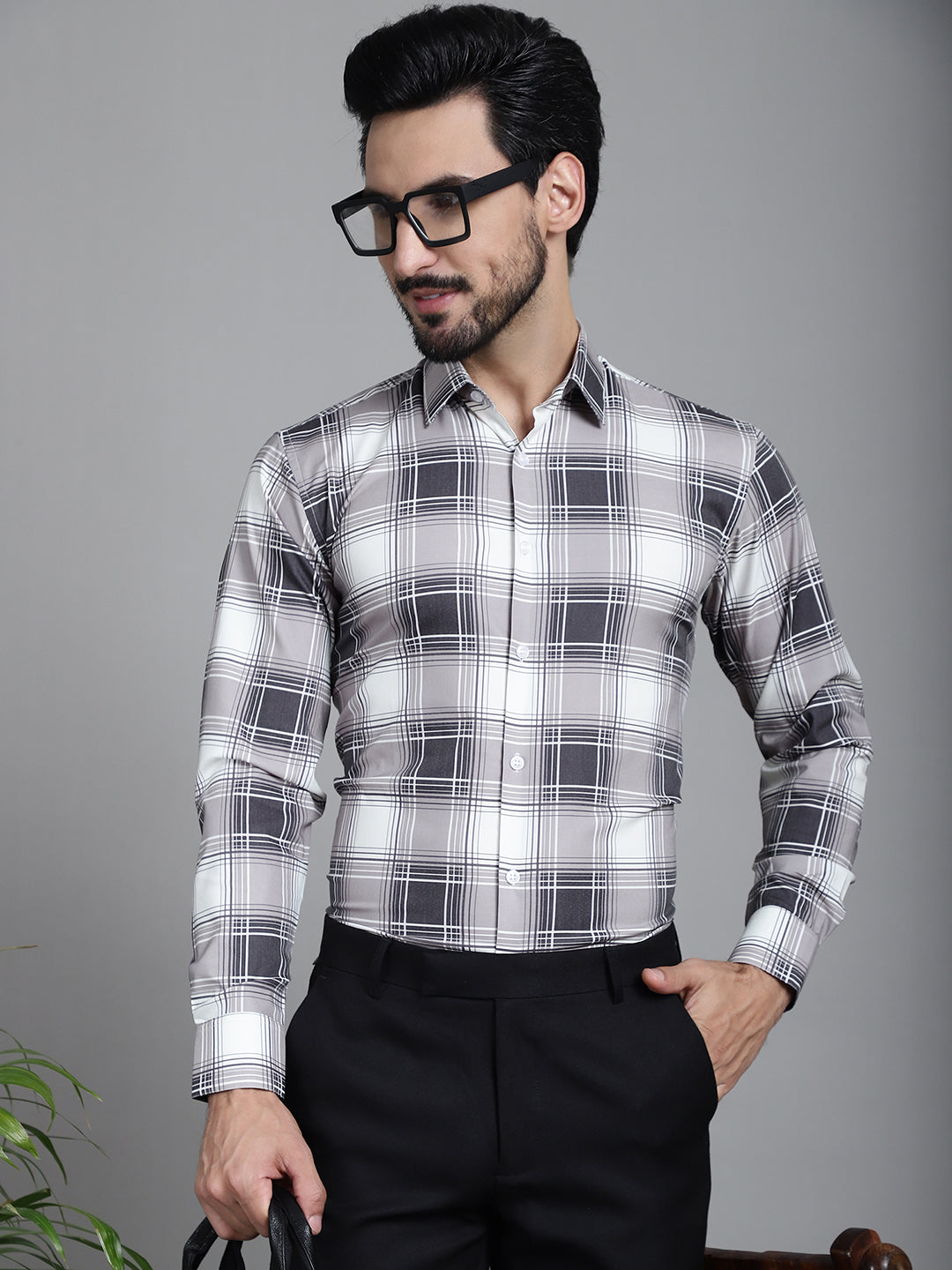 Indian Needle Men's Checked Formal Shirt - Grey - Distacart