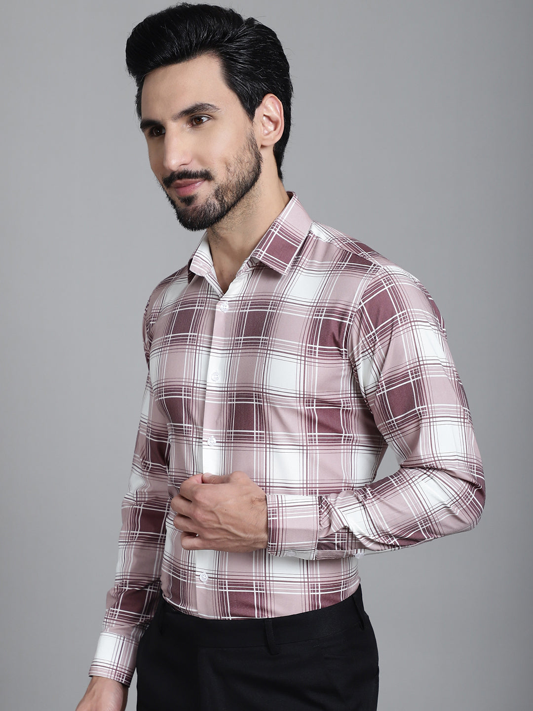 Indian Needle Men's Checked Formal Shirt - Maroon - Distacart