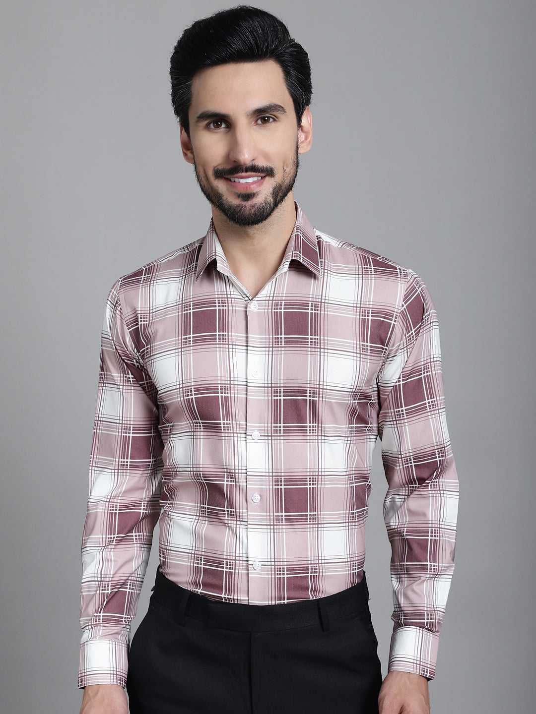 Indian Needle Men's Checked Formal Shirt - Maroon - Distacart