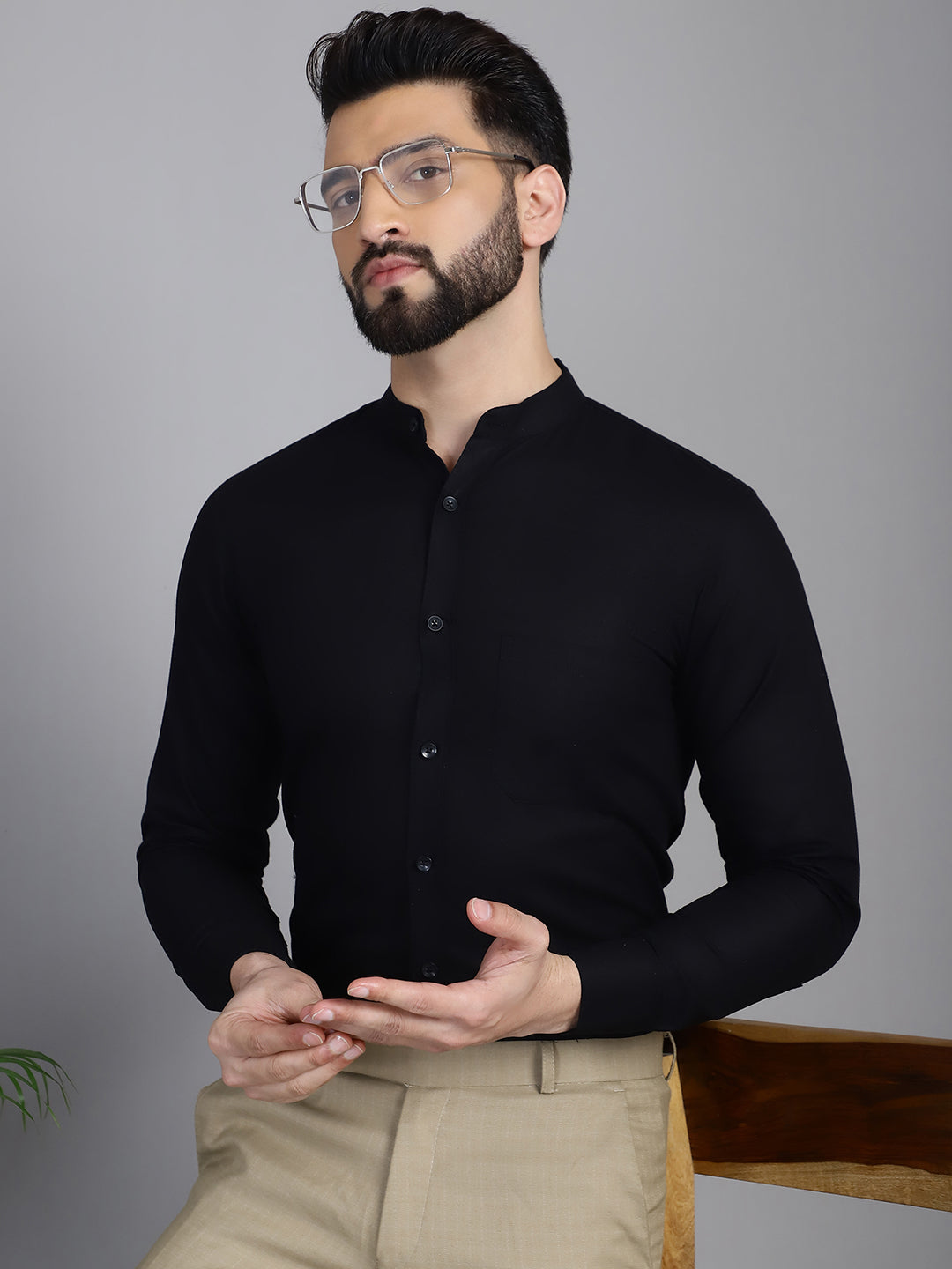 Indian Needle Men's Cotton Solid Formal Shirt - Black - Distacart