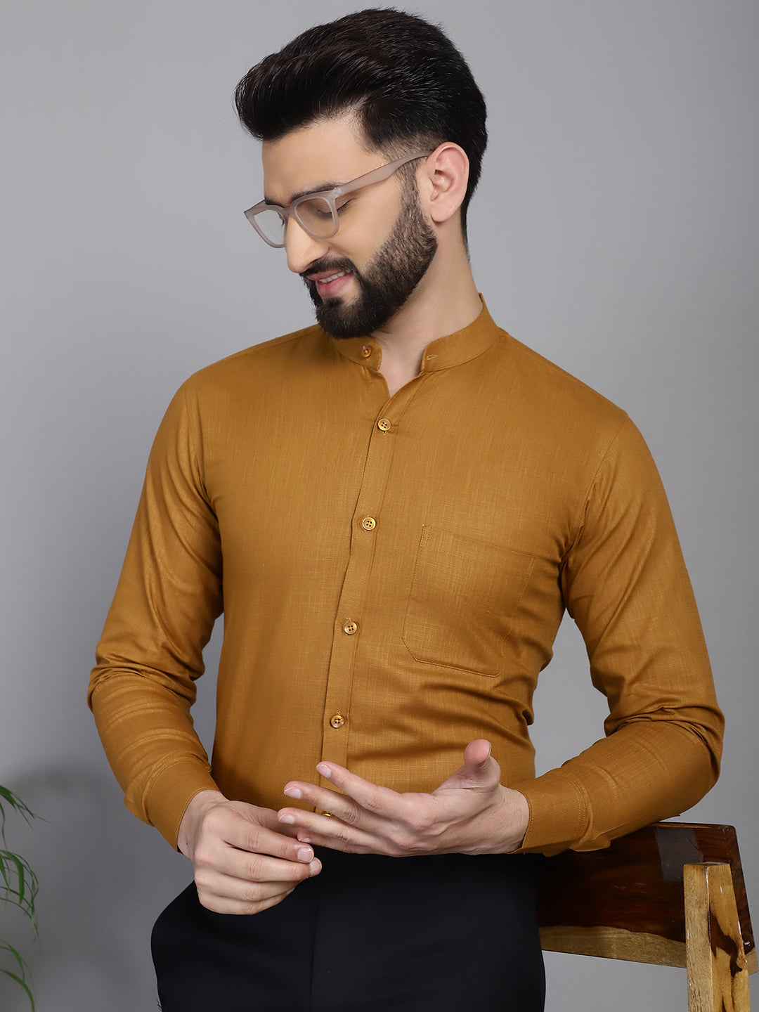 Indian Needle Men's Cotton Solid Formal Shirt - Mustard - Distacart