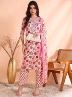Thumbnail for Ode by House of Pataudi Floral Printed Pure Cotton Straight Kurta with Trousers & Dupatta - Distacart